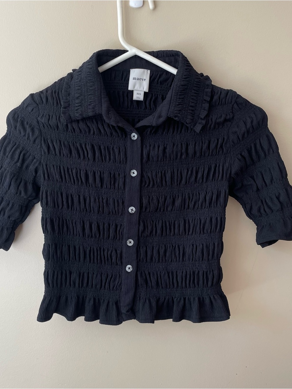 Anthropologie Maeve Smocked Button-Front Top – Black. - Picture 2 of 6
